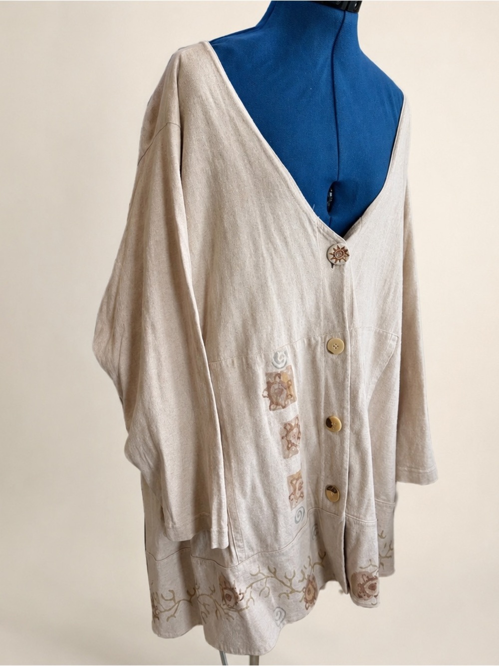 Blue Fish Clothing Cream Beige Art Hand Painted Button Down Cardigan